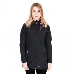 Kurtka Z Kapturem Damska, Dłuższa, Wodoodporna. Czarne kurtki sportowe damskie Trespass, xl, bez wzorów, z elastanu, bez ramiączek, z kapturem, trekkingowe. Za 253.99 zł.