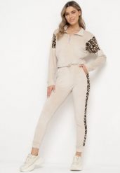 Beżowy Welurowy Komplet Dresowy Krótka Bluza i Spodnie z Wstawkami w Cętki Kilima. Brązowe bluzy damskie Born2be, m, bez wzorów, z dresówki, bez ramiączek, bez kaptura. Za 79.99 zł.