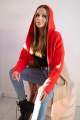 Sweter Kardigan z kapturem w pasy czerwony+camelowy+pudrowy róż. Czerwone kardigany damskie KESI, l, bez wzorów, z jeansu, bez kołnierzyka, plus size. Za 209.08 zł.
