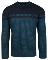 Sweter Granatowo-Turkusowy w Okrągły Dekolt, Wzór Geometryczny, U-neck, Męski -TRIKKO. Niebieskie swetry męskie Trikko, l, bez wzorów, z bawełny, biznesowe, bez kołnierzyka, bez ramiączek. Za 169.00 zł.