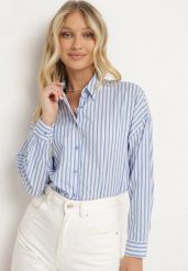 Jasnoniebieska Bawełniana Koszula z Długim Rękawem w Pionowe Paski Vikleia. Niebieskie koszule damskie Born2be, l, bez wzorów, z bawełny, eleganckie, bez kołnierzyka, bez ramiączek. Za 79.99 zł.
