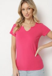 Różowy T-shirt z Bawełny z Guzikami Liseriana. Czerwone t-shirty damskie Born2be, l, bez wzorów, z bawełny, klasyczne, bez kołnierzyka, bez ramiączek. Za 29.99 zł.
