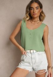Jasnozielony Top z Bawełną Ozdobiony Guzikami Ulosiella. Zielone topy damskie Renee, l, bez wzorów, z bawełny, eleganckie, bez kołnierzyka, bez ramiączek. Za 34.99 zł.
