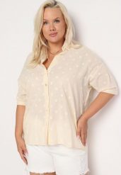 Beżowa Bawełniana Koszula z Krótkim Rękawem w Ozdobne Kropki Tinasenna. Brązowe koszule damskie Born2be, plus size, bez wzorów, z bawełny, biznesowe, bez kołnierzyka, bez ramiączek. Za 74.99 zł.