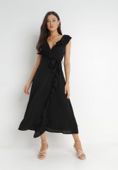 Czarna Sukienka Mellothee. Czarne sukienki damskie Born2be, na imprezę, m, bez wzorów, z materiału, eleganckie, bez kołnierzyka, bez ramiączek, midi, kopertowe. Za 139.99 zł.