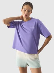 4F T-shirt oversize z nadrukiem damski - fioletowy XS. Fioletowe t-shirty damskie 4F, xs, bez wzorów, z bawełny, klasyczne, bez kołnierzyka, bez ramiączek. W wyprzedaży za 39.99 zł.