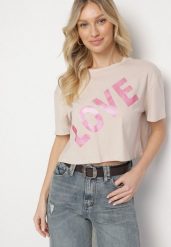 Ciemnobeżowy Bawełniany T-shirt Oversize o Krótkim Kroju z Napisem Sannelia. Brązowe t-shirty damskie Born2be, m, bez wzorów, z bawełny, bez kołnierzyka, bez ramiączek. Za 34.99 zł.