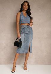Granatowa Jeansowa Spódnica z Bawełny z Łańcuchem Lilurea. Niebieskie spódnice damskie Renee, na co dzień, l, bez wzorów, z bawełny, eleganckie, midi, koszulowe. Za 59.99 zł.