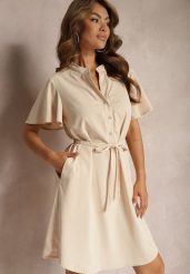 Beżowa Trapezowa Sukienka z Dekoltem Zapinanym na Guziki i Materiałowym Paskiem w Talii Vikiiraes. Brązowe sukienki damskie Renee, l, bez wzorów, z materiału, eleganckie, bez kołnierzyka, bez ramiączek, midi, trapezowe. Za 74.99 zł.