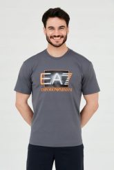 EA7 Szary t-shirt z holograficznym logo. Szare t-shirty męskie EA7 Emporio Armani, m, bez wzorów, bez kołnierzyka, bez ramiączek. W wyprzedaży za 299.99 zł.