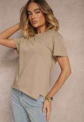 Beżowy T-shirt z Dłuższym Tyłem Zdobiony Haftem Ninilla. Brązowe t-shirty damskie Renee, m, z aplikacjami, eleganckie, bez kołnierzyka, bez ramiączek. Za 49.99 zł.