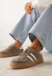 Ciemnobeżowe Sneakersy Typu Tenisówki z Zamszu Naturalnego Ozdobione Paskami Tarinella. Brązowe trampki i tenisówki damskie Renee, bez wzorów, z jeansu, bez zapięcia. Za 169.99 zł.