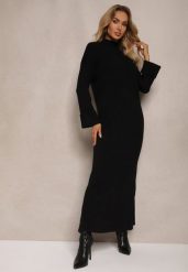 Czarna Sukienka Sweterkowa z Wiskozą Ozdobiona Wywiniętymi Rękawami Gebika. Czarne sukienki damskie Renee, na co dzień, z aplikacjami, z wiskozy, eleganckie, bez kołnierzyka, bez ramiączek, maxi, proste. Za 189.99 zł.