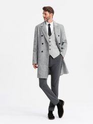 Elegancki dwurzędowy męski płaszcz w jodełkę – szary V1 OM-COWC-0118 - XXL. Szare płaszcze męskie Ombre Clothing, l, z aplikacjami, z dzianiny, eleganckie, bez kołnierzyka, bez kaptura. Za 359.99 zł.