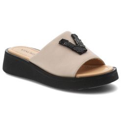 Klapki damskie Vinceza, cholewka ze skóry naturalnej wsuwany fason szeroki pasek, beżowe, 66950. Brązowe klapki damskie VINCEZA, na lato, z aplikacjami, ze skóry, bez obcasa, na koturnie, bez zapięcia. Za 169.00 zł.