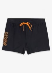 Szerokie szorty kąpielowe z elastycznego materiału. Czarne kąpielówki męskie bonprix, m, bez wzorów. Za 84.99 zł.