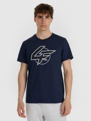 4F T-shirt regular z nadrukiem męski - granatowy XL. Niebieskie t-shirty męskie 4F, m, bez wzorów, z bawełny, bez kołnierzyka, bez ramiączek. Za 59.99 zł.