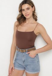 Brązowy Klasyczny Top z Wiskozą Soparisse. Brązowe topy damskie Born2be, l, bez wzorów, z jeansu, eleganckie, bez kołnierzyka, bez ramiączek. Za 39.99 zł.