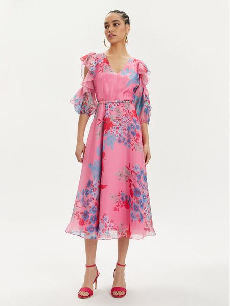 Nissa Sukienka koktajlowa RS14867 Różowy Regular Fit. Czerwone sukienki damskie Nissa, bez wzorów, z syntetyku, wizytowe, bez kołnierzyka, bez ramiączek. Za 1,499.00 zł.