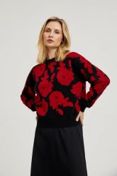 Sweter z nadrukiem róż czarny. Czarne swetry nierozpinane damskie MOODO, l, bez wzorów, z poliesteru, bez kołnierzyka, bez ramiączek. W wyprzedaży za 74.98 zł.