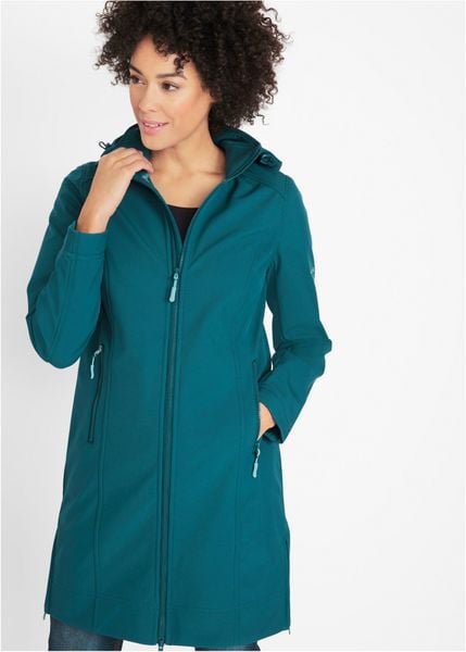 Płaszcz softshell, z materiału odpychającego wodę. Niebieskie płaszcze damskie bonprix, bez wzorów, z softshellu, bez kołnierzyka. Za 289.99 zł.