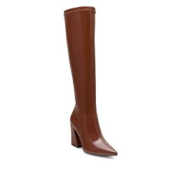 Kozaki Nine West. Brązowe kozaki damskie Nine West, bez wzorów, bez obcasa, na słupku, bez zapięcia. Za 329.99 zł.