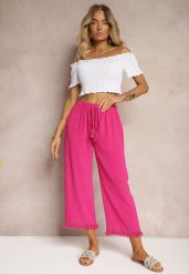 Fuksjowe Szerokie Spodnie High Waist z Gumką w Pasie Jolfea. Czerwone spodnie materiałowe damskie Renee, bez wzorów, z jeansu, eleganckie, z podwyższonym stanem. Za 39.99 zł.