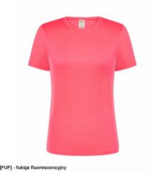 JHK Damski sportowy - dopasowany do sylwetki, dekoracyjne przeszycia przd, tył, rękawy, 100% poliester, 130g, fuksja fluorescencyjny XL. Czerwone koszulki sportowe damskie JHK, xl, bez wzorów, z poliesteru, bez ramiączek. Za 12.42 zł.