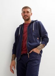 Bluza rozpinana z kapturem z detalami z imitacji skóry. Niebieskie bluzy męskie bonprix, l, bez wzorów, ze skóry, z kapturem. Za 132.99 zł.