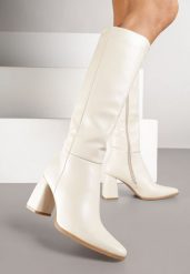 Beżowe Kozaki na Obcasie Typu Stożek w Klasycznym Stylu Lanile. Brązowe kozaki damskie Renee, bez wzorów, bez obcasa, na obcasie, bez zapięcia. Za 169.99 zł.