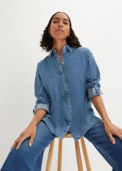 Bluzka dżinsowa oversize ze stretchem. Niebieskie bluzki damskie bonprix, bez wzorów, bez kołnierzyka, bez ramiączek. Za 139.99 zł.