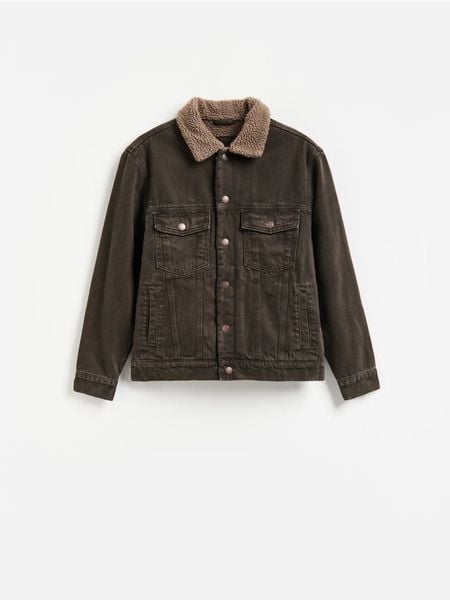 Jeansowa kurtka sherpa - brązowy. Brązowe kurtki męskie Reserved, l, bez wzorów, z denimu, bez kaptura. Za 239.99 zł.