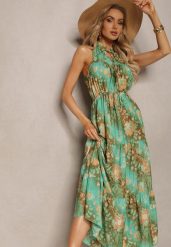 Zielona Sukienka w Stylu Boho z Gumką w Talii i Ozdobnym Wiązaniem Piofara. Zielone sukienki damskie Renee, m, bez wzorów, boho, bez kołnierzyka, bez ramiączek, maxi, kopertowe. Za 89.99 zł.