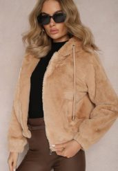 Ciemnobeżowa Futerkowa Kurtka Bluza z Kapturem Vortezi. Brązowe bluzy damskie Renee, na zimę, l, bez wzorów, bez ramiączek, z kapturem. Za 89.99 zł.