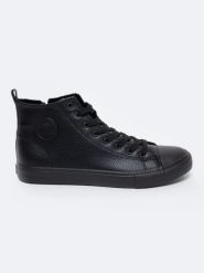 Trampki męskie wysokie ze skóry ekologicznej czarne MM174012 906. Czarne trampki męskie BIG STAR, bez wzorów, z gumy, retro, bez zapięcia. Za 179.99 zł.