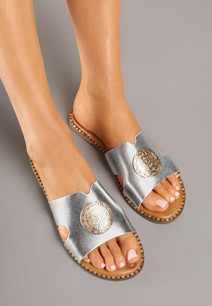 Srebrne Klapki Ozdobione Wycięciami i Metaliczną Aplikacją Tialira. Szare klapki damskie Renee, na lato, z aplikacjami, eleganckie, bez obcasa, na płaskiej podeszwie, bez zapięcia. Za 49.99 zł.