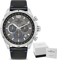 Zegarek Rubicon Zegarek męski RUBICON skórzany pasek Szafirowe szkło chronograf. Niebieskie zegarki męskie Rubicon, bez wzorów, szklane. Za 279.00 zł.