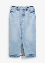Spódnica dżinsowa midi. Niebieskie spódnice damskie bonprix, na co dzień, bez wzorów, z denimu, midi. Za 124.99 zł.