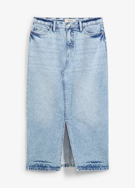Spódnica dżinsowa midi. Niebieskie spódnice damskie bonprix, na co dzień, bez wzorów, z denimu, midi. Za 124.99 zł.