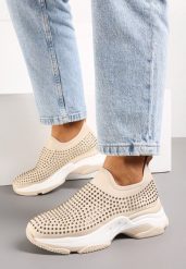 Beżowe Buty Sportowe w Cyrkonie na Grubej Podeszwie Coneta. Brązowe obuwie sportowe damskie Born2be, z aplikacjami, bez zapięcia. Za 64.99 zł.