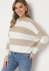 Beżowy Sweter w Pasy z Wełną Zakończony Ściągaczem Tiaelle. Brązowe swetry nierozpinane damskie Born2be, bez wzorów, z wełny, klasyczne, bez kołnierzyka, bez ramiączek. Za 119.99 zł.