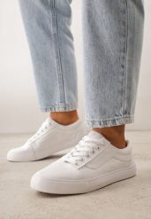 Wiązane Białe Tenisówki Trampki pod Kostkę z Ozdobnym Paskiem Wiolana. Białe trampki i tenisówki damskie Born2be, bez wzorów, z jeansu, bez zapięcia. Za 69.99 zł.