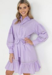 Fioletowa Koszulowa Sukienka z Bufiastym Rękawem i Ażurowymi Wstawkami Staples. Fioletowe sukienki damskie Born2be, l, w ażurowe wzory, vintage, bez kołnierzyka, bez ramiączek, mini, koszulowe. Za 219.99 zł.