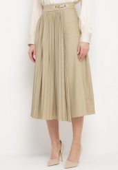 Beżowa Rozkloszowana Spódnica Midi Plisowana z Klamerką Faelannia. Brązowe spódnice damskie Born2be, m, bez wzorów, eleganckie, maxi, rozkloszowane. Za 159.99 zł.