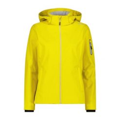 Damska kurtka turystyczna z kapturem CMP. Żółte kurtki sportowe damskie CMP, bez wzorów, z softshellu, bez ramiączek, z kapturem, trekkingowe. Za 356.00 zł.
