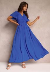 Niebieska Rozkloszowana Sukienka z Kopertowym Dekoltem Obillis. Niebieskie sukienki damskie Renee, na imprezę, uniwersalny, bez wzorów, z jeansu, eleganckie, bez kołnierzyka, bez ramiączek, maxi, kopertowe. Za 99.99 zł.