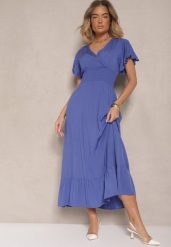 Granatowa Rozkloszowana Sukienka z Wiskozy z Kopertowym Dekoltem Rellrive. Niebieskie sukienki damskie Renee, na co dzień, l, bez wzorów, z wiskozy, eleganckie, bez kołnierzyka, bez ramiączek, maxi, kopertowe. Za 49.99 zł.