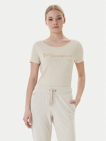 EA7 Emporio Armani T-Shirt 7W000978 AF10373 U1088 Beżowy Regular Fit. Brązowe t-shirty damskie EA7 Emporio Armani, s, bez wzorów, z bawełny, bez kołnierzyka, bez ramiączek. Za 329.99 zł.