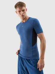 4F Koszulka treningowa slim z materiałów z recyklingu męska - granatowa M. Niebieskie t-shirty męskie 4F, m, bez wzorów, z dzianiny, bez kołnierzyka, bez ramiączek. W wyprzedaży za 59.99 zł.