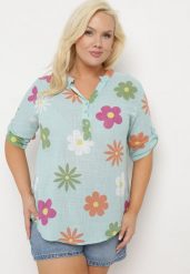 Miętowa Koszula z Lnu i Bawełny w Kwiaty z Krótkim Rękawem Ambubia. Zielone koszule damskie Born2be, plus size, bez wzorów, z bawełny, bez kołnierzyka, bez ramiączek. Za 79.99 zł.